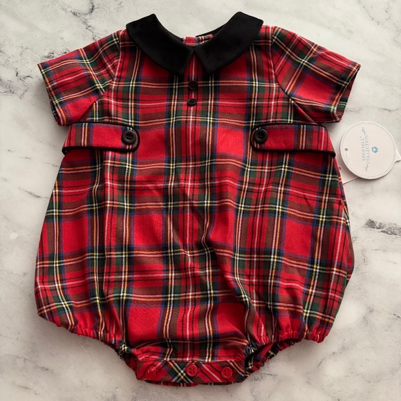 Edgehill Collection Nwt Red Plaid Holiday w/ Velvet Collar Boy's Shortall Romper - Picture 1 of 5